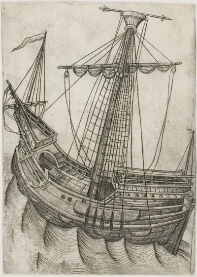 Ship with Sails Furled and Arrow Pointing to the Right
