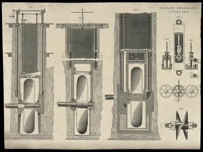 Shipping: three views of large propellors, with lifting gear