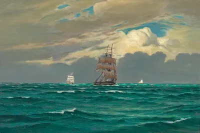 Ships at sea with clearing skies.