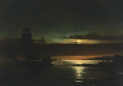 Ships at small harbor in moonlight