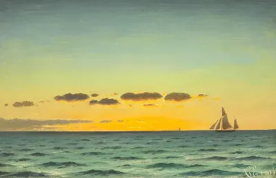 Ships at sunset on a calm day.