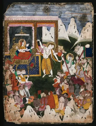 Shiva dances for Parvati, other deities and a group of people in the mountain