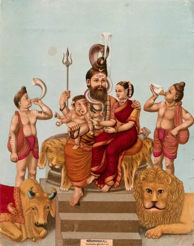 Shiva enthroned with his family, Parvati and Ganesha, attended by Nandi, a lion and two attendants