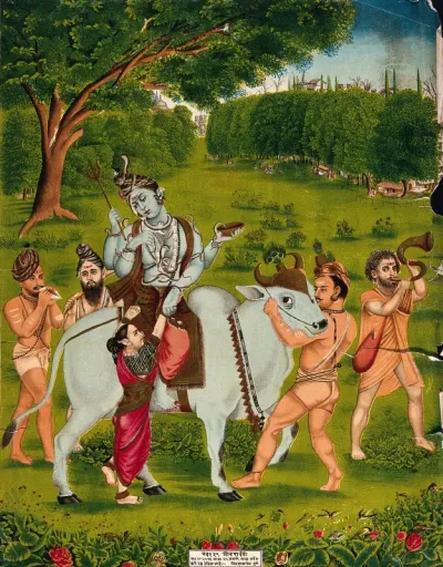 Shiva mounted on Nandi surrounded by attendants helping Parvati to mount