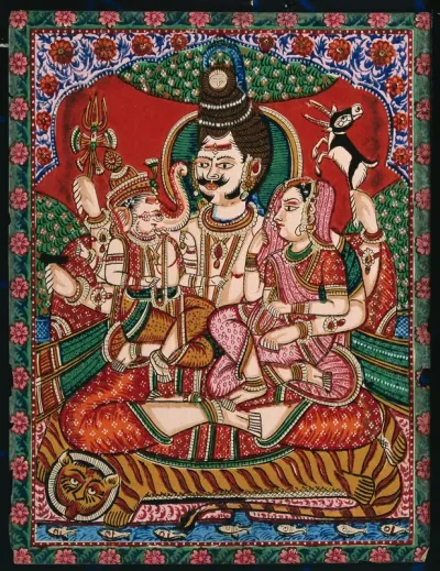 Shiva sitting on a tiger skin with his wife, Parvati and their son Ganesha on his lap