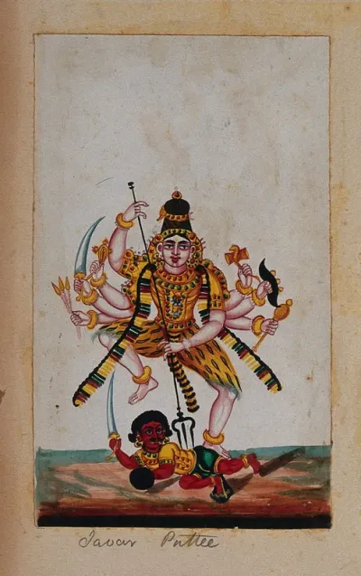 Shiva with eight arms killing a demon