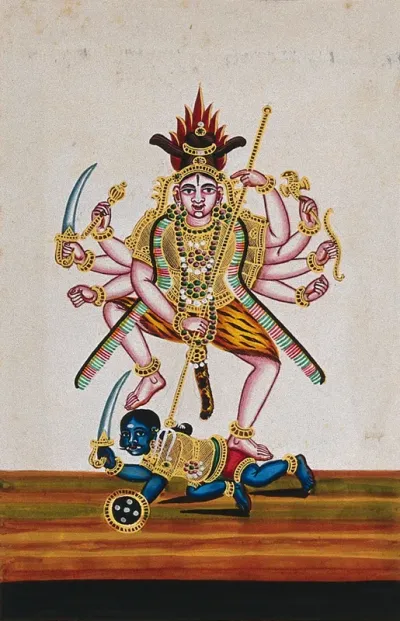 Shiva with eight arms trampling a demon