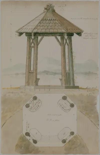 Shore Seat for Montgomery Place, Annandale-on-Hudson, New York (elevation and plan)