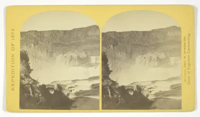 Shoshone Falls, Snake River, Idaho, Main Fall, 210 feet from upper to lower level, width of fall, 800 feet from upper to lower level; Height of Cañon wall at the falls, 1.000 feet. A number of minor falls, Islands, and boulder rocks above the main fa
