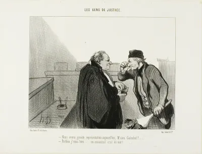 “- Should be a great performance today, Mr.Galuchet... - I should think so... A murder case with a rape thrown in...,” plate 31 from Les Gens De Justice