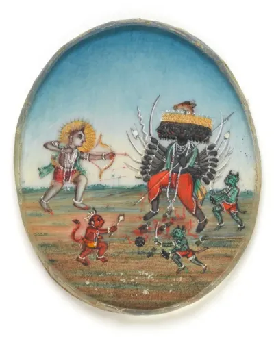 Shri Rama shooting an arrow at Ravana, the ten-headed demon