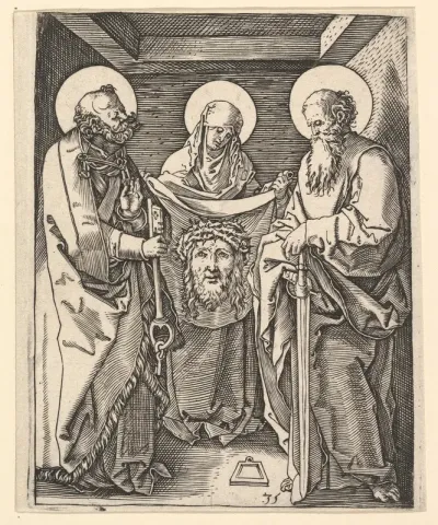 Shroud of Oviedo: Virgin Mary holds open shroud for Saint Peter and Saint Paul, from "The Passion of Christ", after Dürer