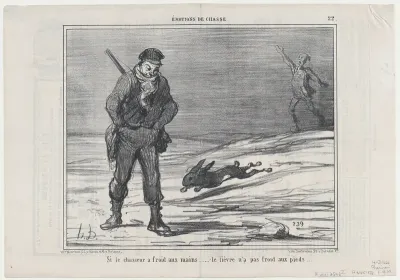 Si le chassuer a froid aux mains..... le lièvre n'a pas froid aux pieds..., from Émotions de Chasse, published in Le Charivari, November 12, 1858