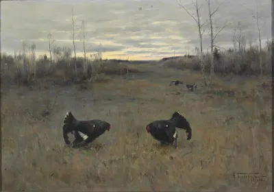 Siberian landscape with two black grouse