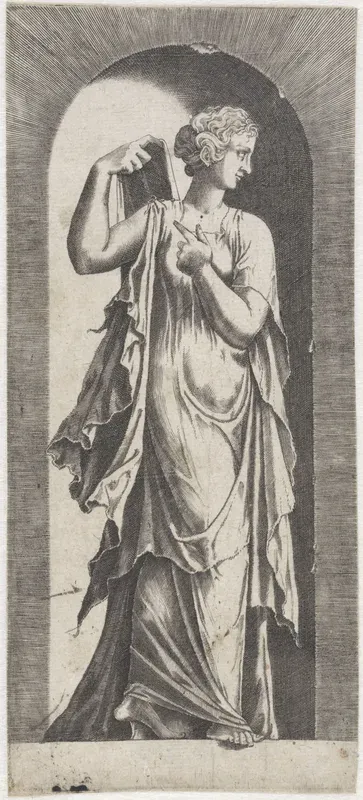 Sibille een draperie ophoudend boven de schouder