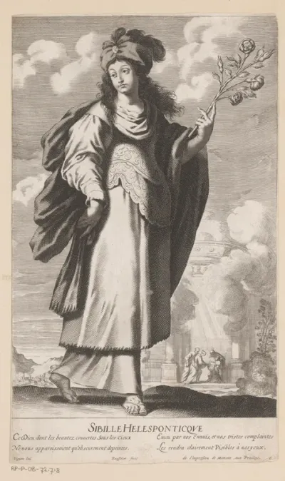 Sibille van de Hellespont, met op de achtergrond de opdracht in de tempel