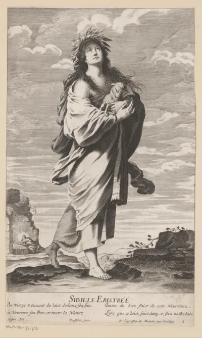 Sibille van Erythrae, met op de achtergrond Maria met kind