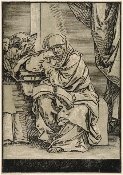 Sibyl with a Book and Winged Putto to the Left