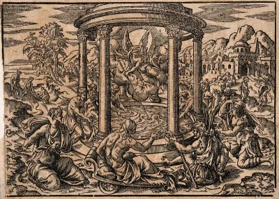 Sick people gathered around the pool of Bethesda in Jerusalem as an angel stirs the waters