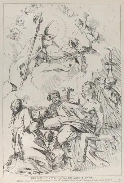 Sick people summoning a Bishop saint, who appears at upper left
