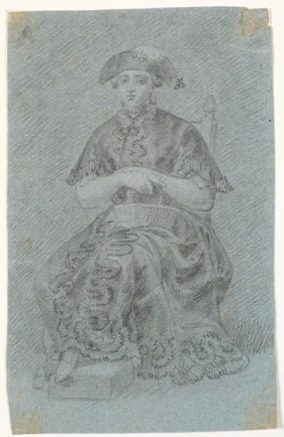 Siddende dame med hat. Kostumefigur?