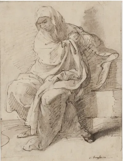Siddende, draperet kvinde