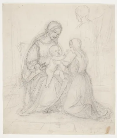 Siddende madonna med barn og knælende kvinde