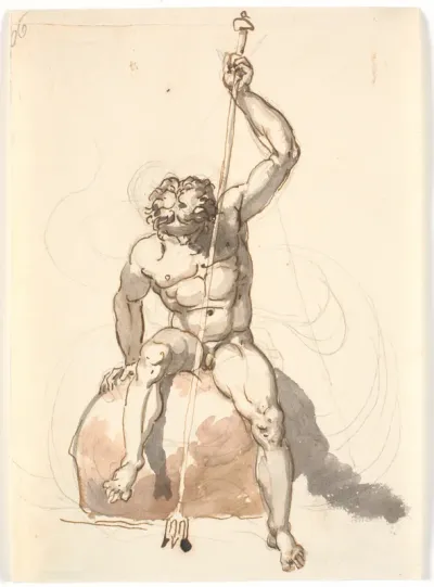 Siddende mandsfigur med trefork