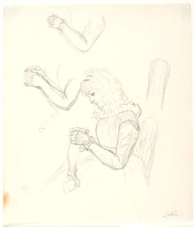 Siddende strikkende dame. Desuden to armstudier