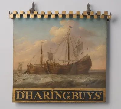 Sign, both sides painted with Herring Boats