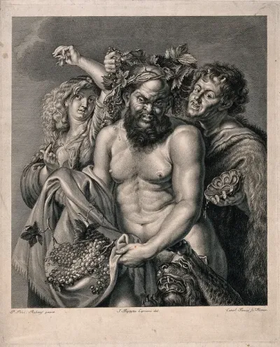 Silenus, holding grapes and crowned with vines, flanked by a maenad and a faun