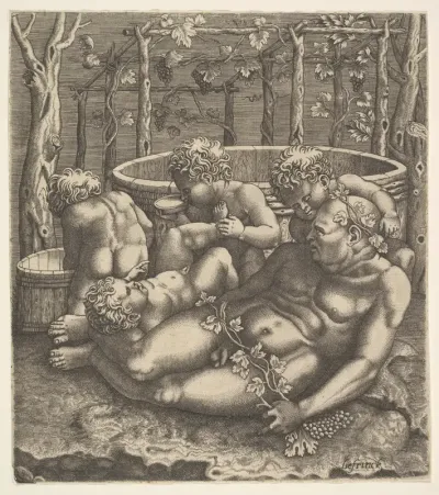 Silenus reclining before wine vats