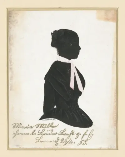 Silhouet-portretje van Maria Müller met opgestoken vlecht, naar rechts