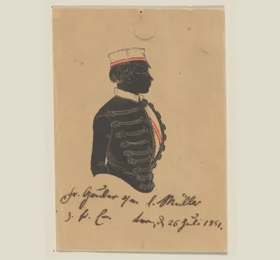 Silhouetportret van een onbekende man met hoed en bril, mogelijk Franz Gruber