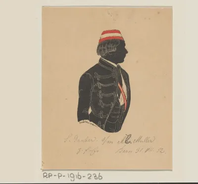 Silhouetportret van een onbekende man met hoed en de naam S. Gruber