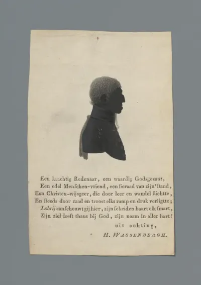 Silhouetportret van Nicolaas Lobry met een gedicht door Hieronymus Wassenbergh