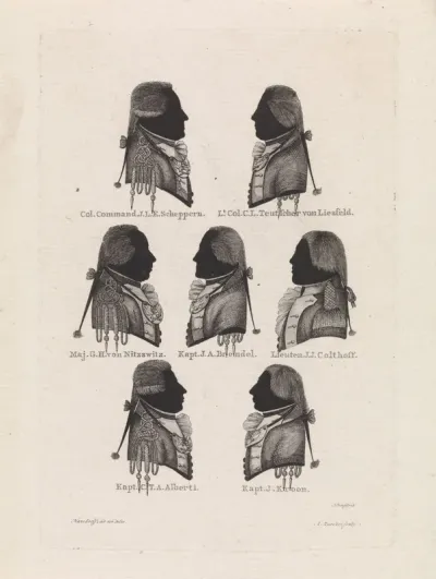 Silhouetportretten van J.L.E. Scheppern, C.L. Teutscher von Liesfeld, G.H. von Nitzswitz, J.A. Brendel, J.J. Colthoff, C.T.A. Alberti en J. Kroon