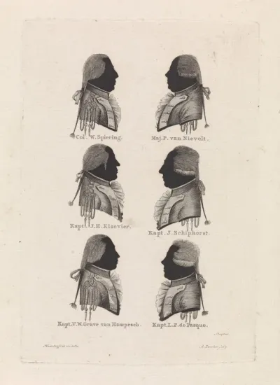 Silhouetportretten van W. Spiering, P. van Nievelt, J.H. Elsevier, J. Schiphorst, V.W. van Hompesch en L.F. de Pasque