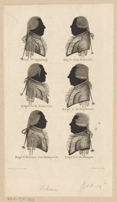 Silhouetportretten van zes militairen betrokken bij de verdediging van Willemstad in 1793