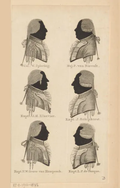 Silhouetportretten van zes militairen betrokken bij de verdediging van Willemstad in 1793