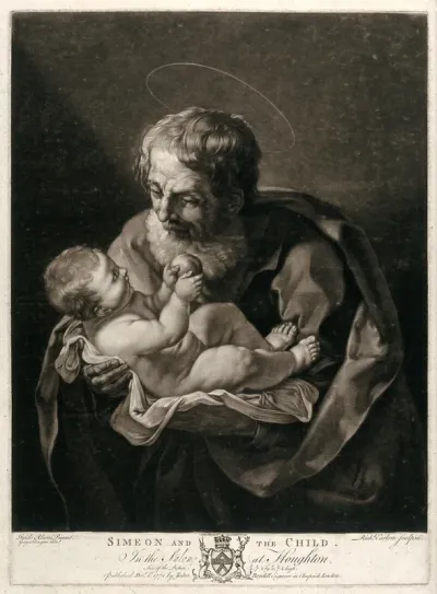 Simeon holds the Christ child, who is holding an apple