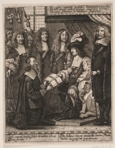 Simon Paulli overrækker Frederik III en bog. Illustration til Simon Paulli, "Quadripartitum Botanicum", 1667