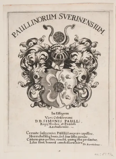 Simon Paullis våbenskjold. Illustration til Simon Paulli, "Quadripartitum Botanicum", 1667