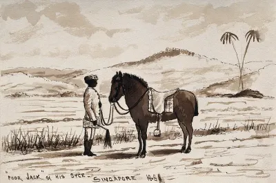 Singapore: a hunting pony being held by a native Malay groom