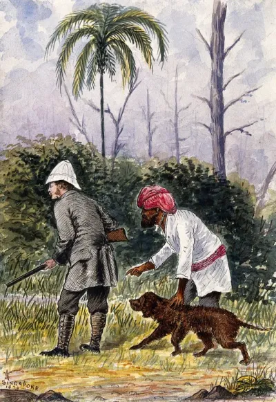 Singapore: a white man out hunting with a native guide