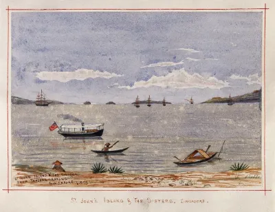 Singapore: St. John's Island and The Sisters from the beach at Tanjong Katong. Watercolour by J. Taylor, 1879