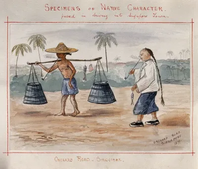 Singapore: two Singaporean men carrying a yoke and smoking pipes