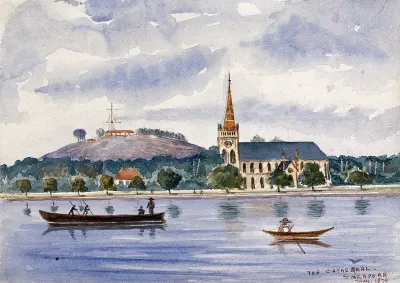 Singapore: view across the harbour to Fort Canning and the cathedral