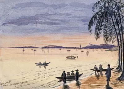 Singapore: view towards Singapore from the beach at Tanjong Katong at sunset