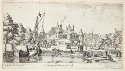 Sint Antoniesmarkt med vejerboden. Titelblad til "Udsigter i Amsterdam"